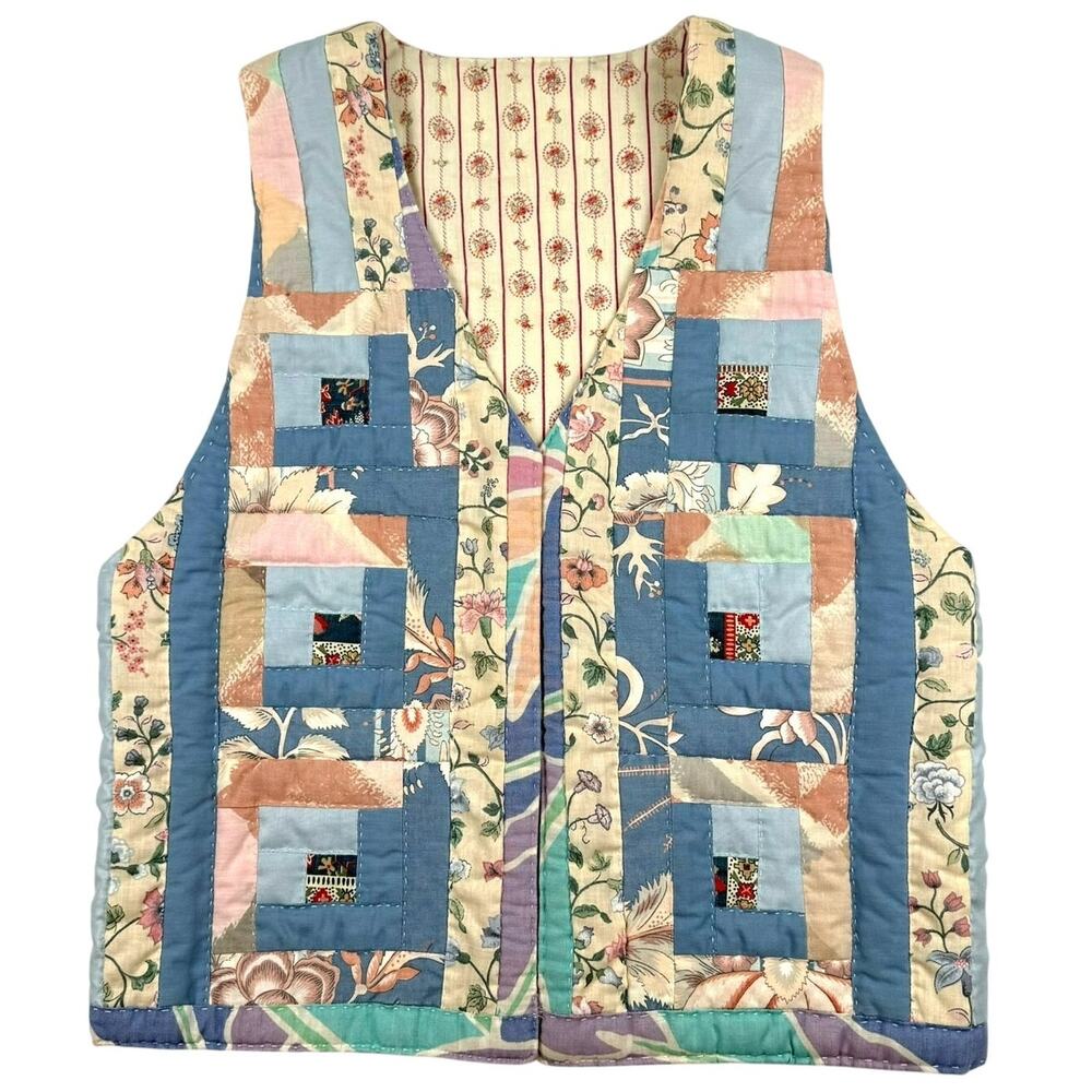 Handmade Quilted Patchwork Vest Cottagecore Pastel Floral Striped Patterns Sz S